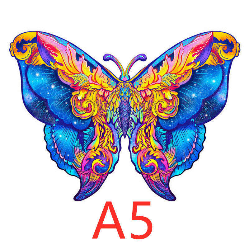 Colorful butterfly-shaped wooden puzzle shown in A5 size.