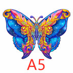 Colorful butterfly-shaped wooden puzzle shown in A5 size.