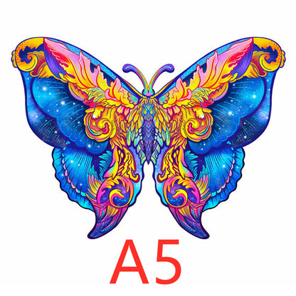 Colorful butterfly-shaped wooden puzzle shown in A5 size.
