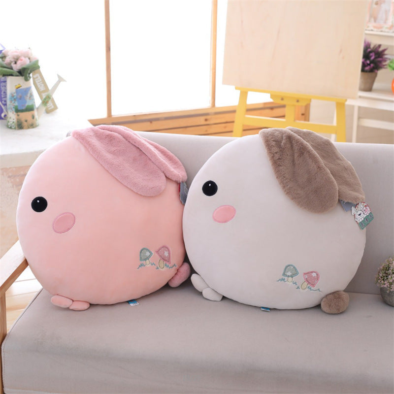 Two cute rabbit pillow plush toys in pink and gray, soft round bunny stuffed throw cushions with floppy ears, cozy decorative pillows for living room sofa and bedroom decoration Main image