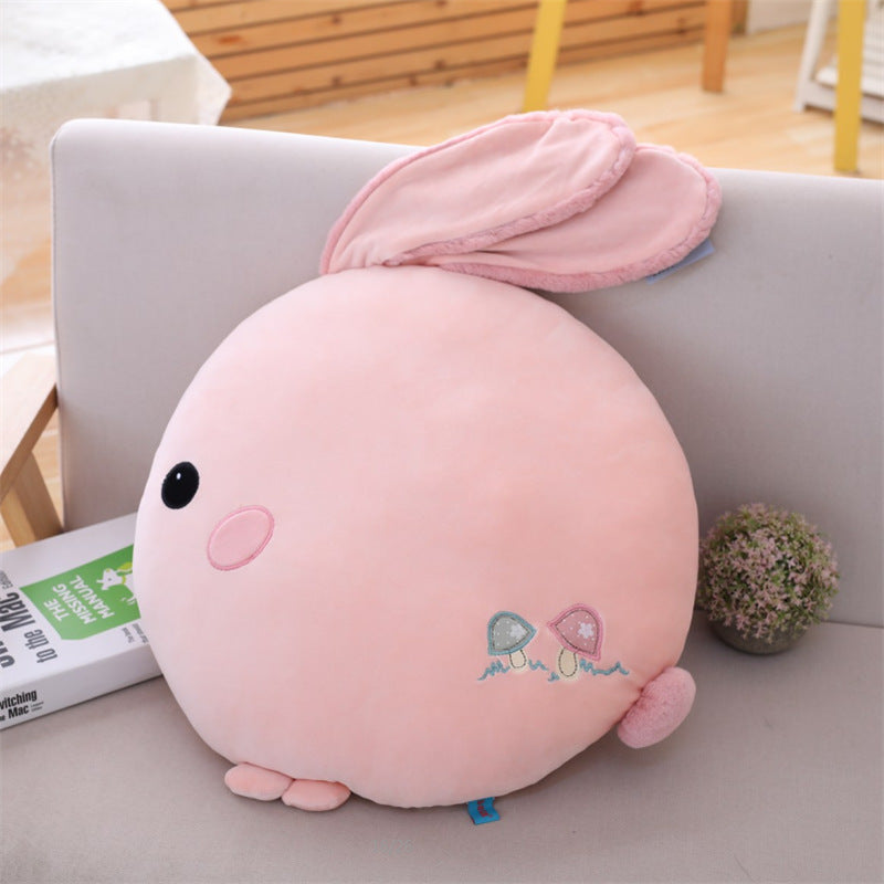 Adorable pink round rabbit pillow plush toy with soft floppy ears and delicate mushroom embroidery, fluffy bunny throw cushion for sofa decor, kawaii stuffed animal pillow for kids birthday gift