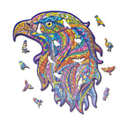 Colorful eagle head wooden puzzle with bird-shaped whimsy pieces on white background.