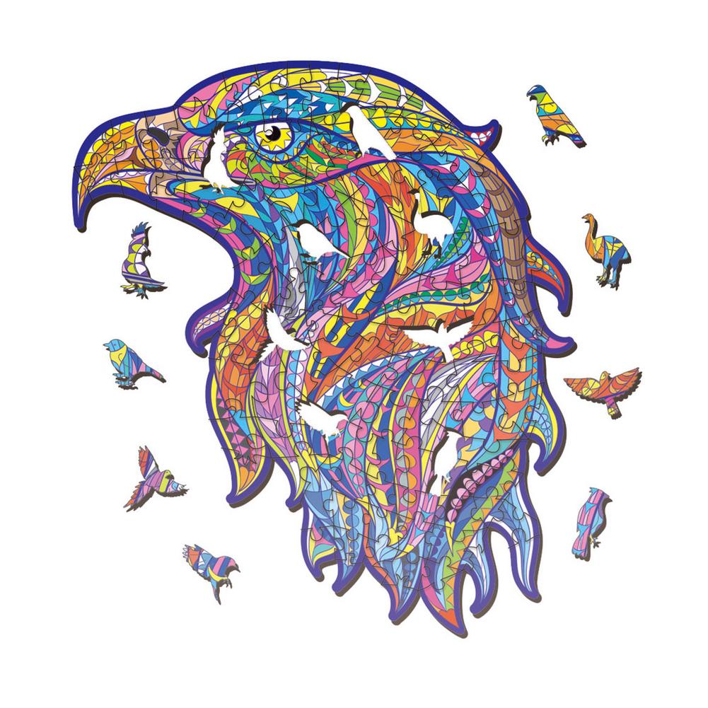 Colorful eagle head wooden puzzle with bird-shaped whimsy pieces on white background.