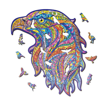 Colorful eagle head wooden puzzle with bird-shaped whimsy pieces on white background.