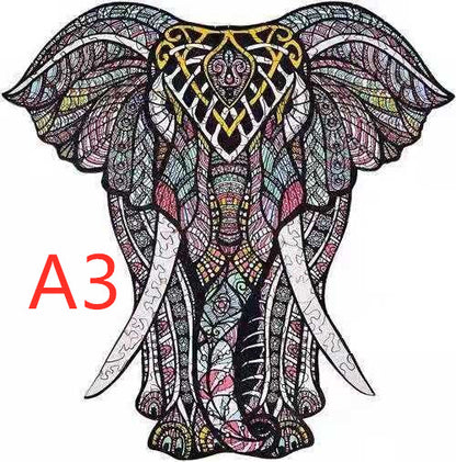 Detailed elephant head wooden puzzle with intricate patterns shown in A3 size.