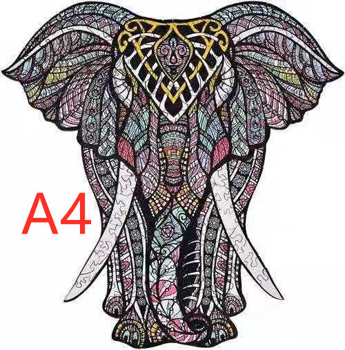 Detailed elephant head wooden puzzle with intricate patterns shown in A4 size.