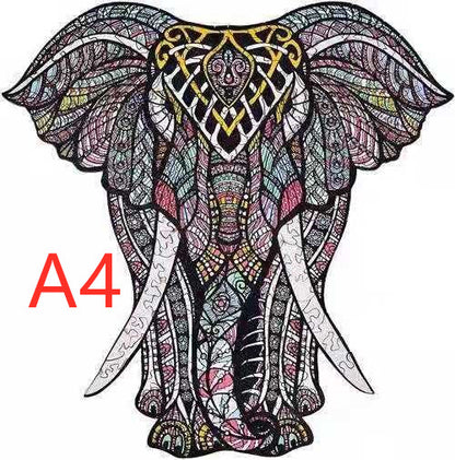 Detailed elephant head wooden puzzle with intricate patterns shown in A4 size.