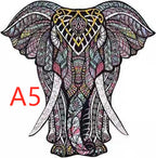 Detailed elephant head wooden puzzle with intricate patterns shown in A5 size.