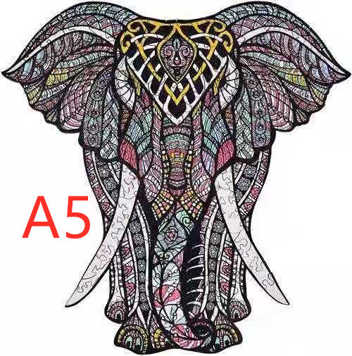 Detailed elephant head wooden puzzle with intricate patterns shown in A5 size.