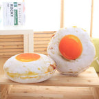 Fried egg pillow plush toy in front and side angles, realistic food stuffed throw cushion collection, soft decorative pillow for home and office