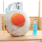 Realistic 3D fried egg plush pillow front view, soft food shaped stuffed throw cushion with size reference, creative decor pillow for sofa