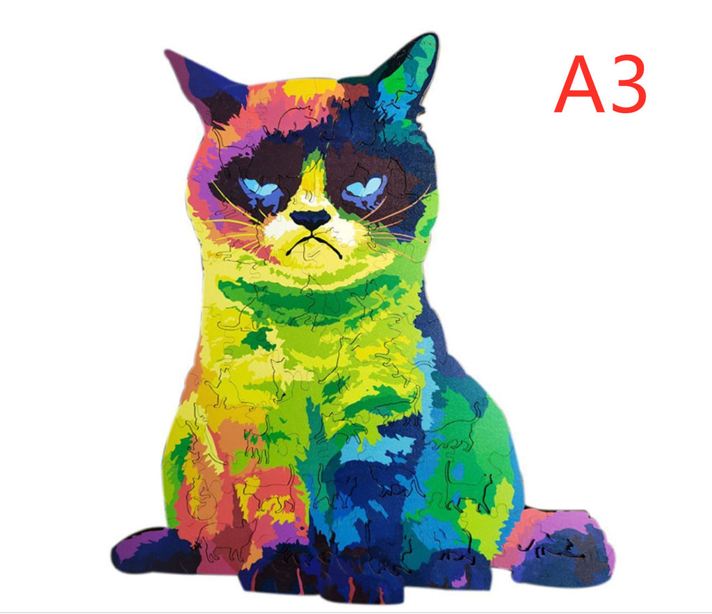 Colorful grumpy cat-shaped wooden puzzle shown in A3 size.