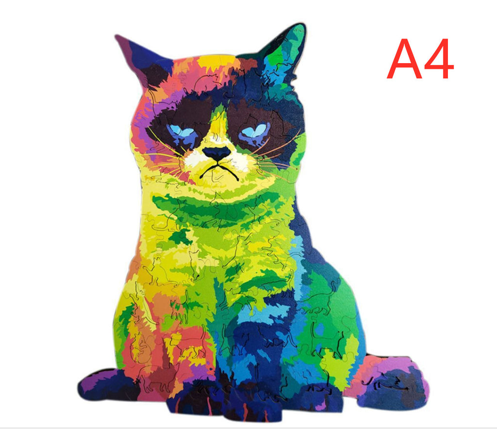 Colorful grumpy cat-shaped wooden puzzle shown in A4 size.