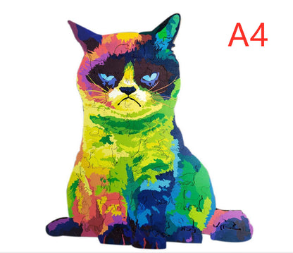 Colorful grumpy cat-shaped wooden puzzle shown in A4 size.
