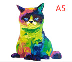 Colorful grumpy cat-shaped wooden puzzle shown in A5 size.