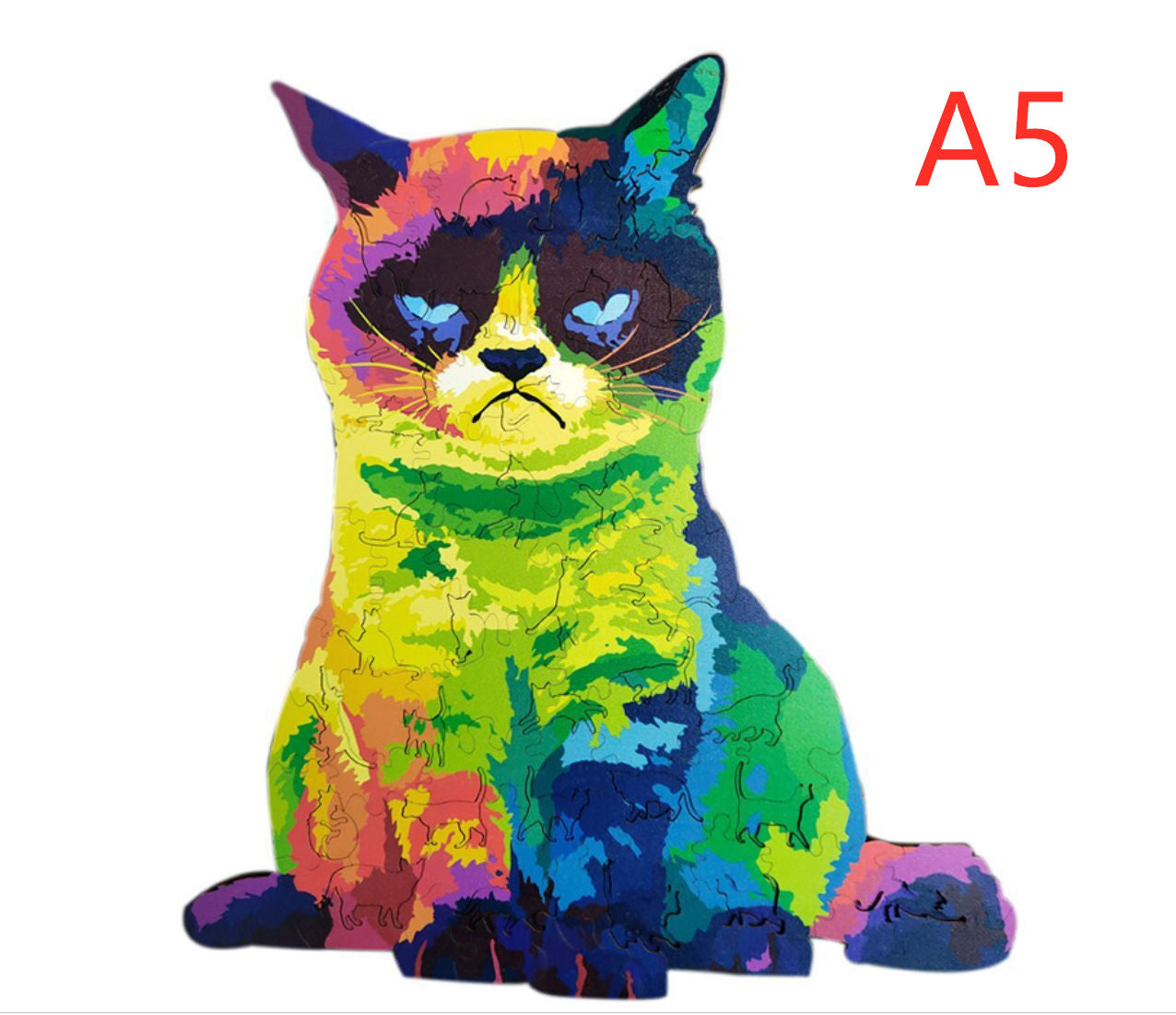 Colorful grumpy cat-shaped wooden puzzle shown in A5 size.