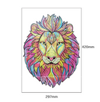 Colorful lion head wooden puzzle shown in A3 size, 297 x 420 mm.