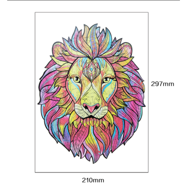 Colorful lion head wooden puzzle shown in A4 size, 210 x 297 mm.