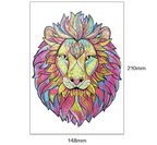 Colorful lion head wooden puzzle shown in A5 size, 148 x 210 mm.