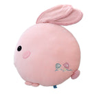 Side view of pink round rabbit pillow plush toy on clean white background, soft bunny stuffed throw cushion with floppy ears, high quality product shot for online shop