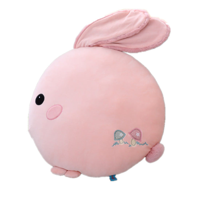 Side view of pink round rabbit pillow plush toy on clean white background, soft bunny stuffed throw cushion with floppy ears, high quality product shot for online shop