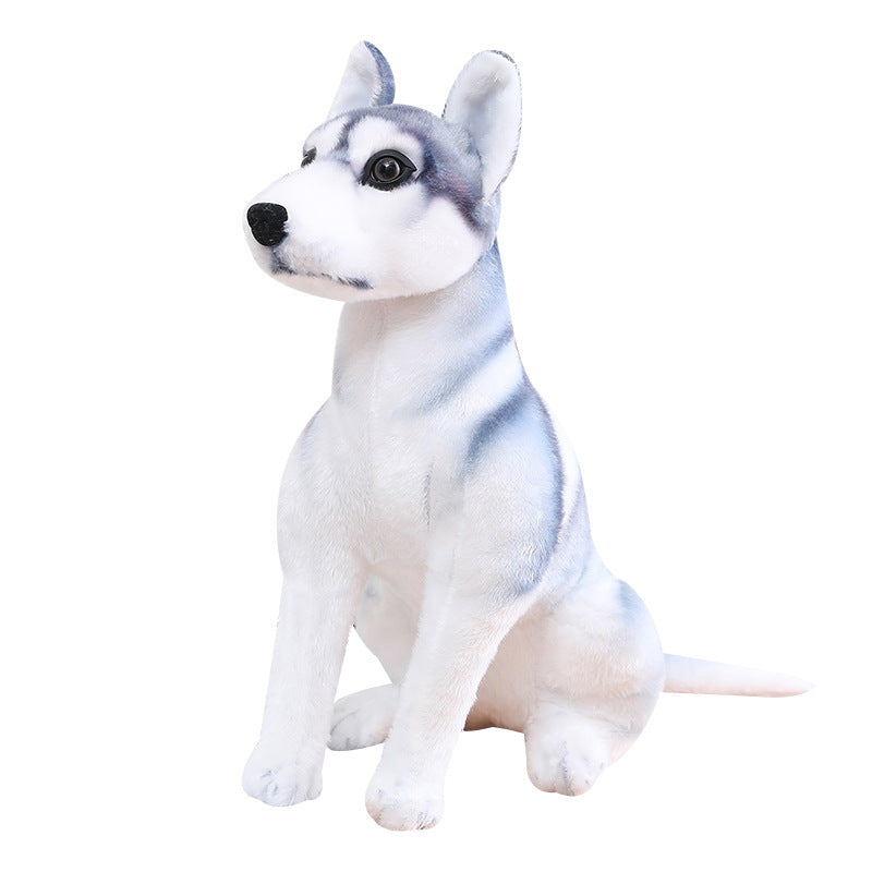 Realistic husky stuffed animal toy in sitting pose on clean white background, lifelike siberian husky plush dog, premium quality plush toy product shot for ecommerce