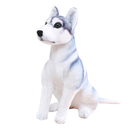 Realistic husky stuffed animal toy in sitting pose on clean white background, lifelike siberian husky plush dog, premium quality plush toy product shot for ecommerce