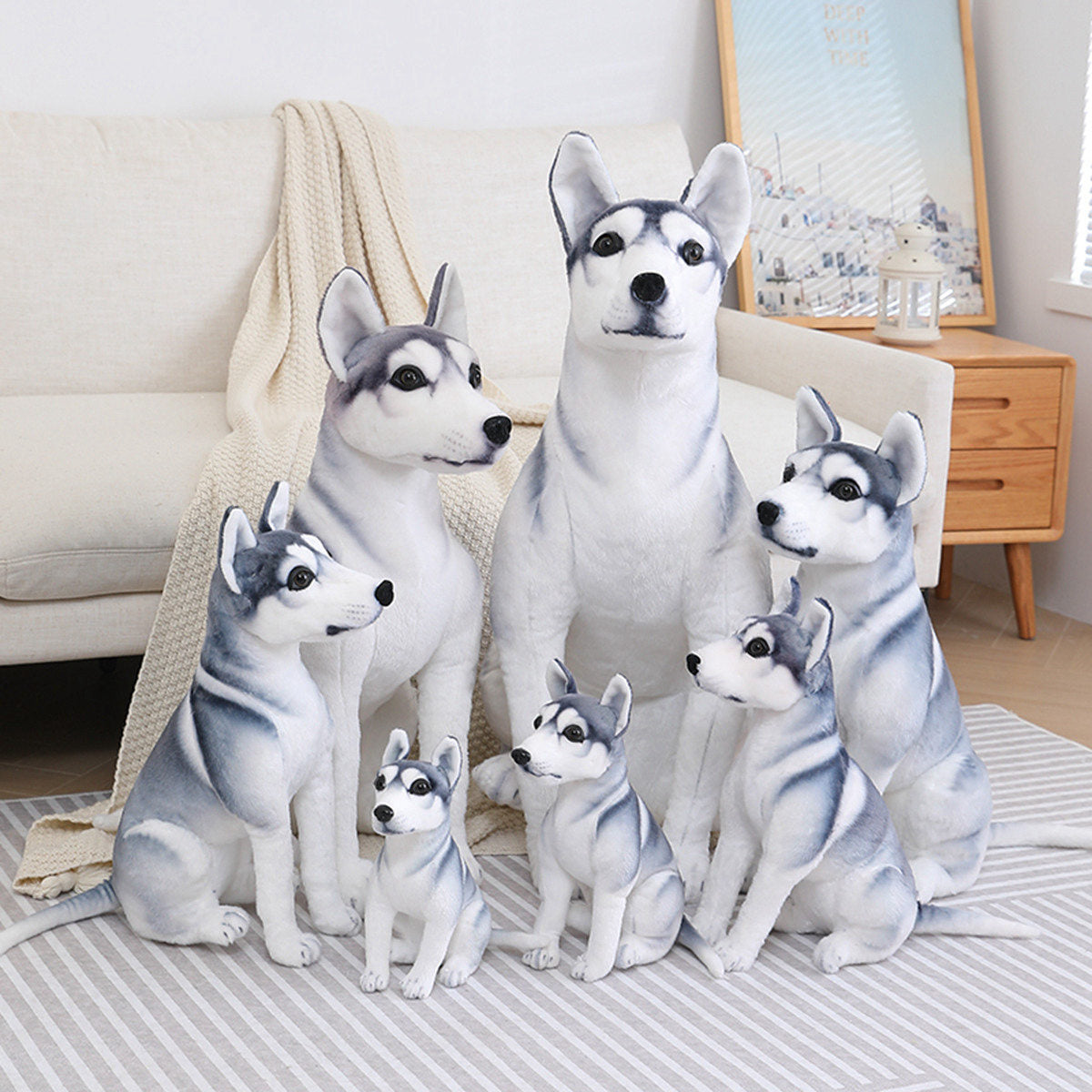 A complete set of realistic Siberian Husky plush toys, available in various sizes, featuring lifelike sitting husky plush toys and a soft, fluffy plush dog set, perfect for home decor and children's birthday gifts. Main image