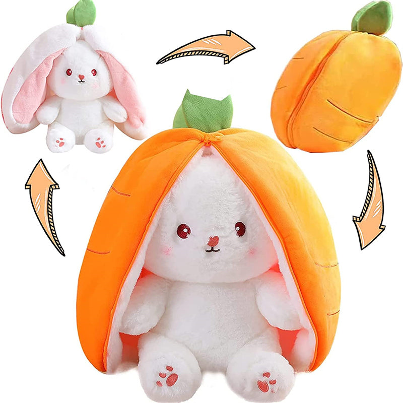 Reversible carrot rabbit plush toy, soft transformable bunny stuffed animal that flips into carrot shape, cute fluffy plush for kids gift