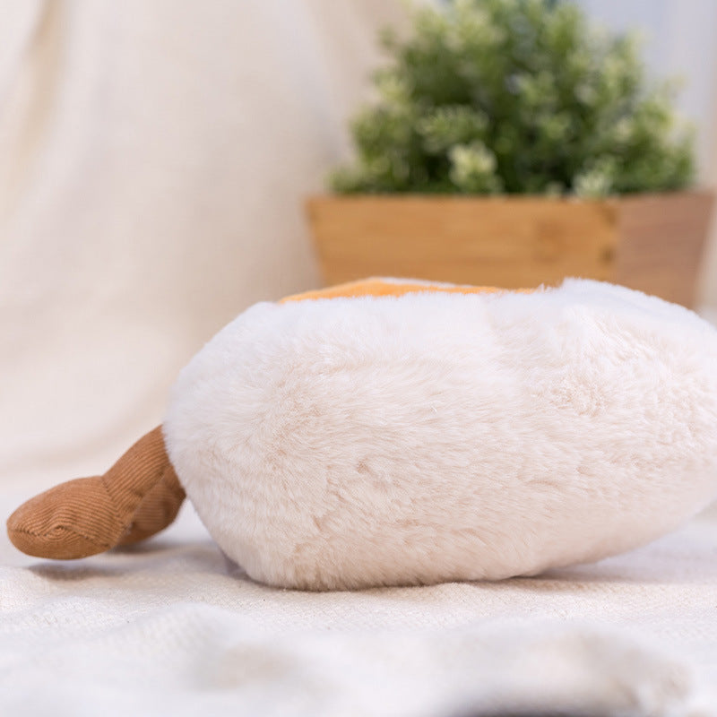 Side profile laying pose boiled egg plush toy, showcase thick fluffy plush fabric texture, cozy home lifestyle shot for food shaped stuffed toy