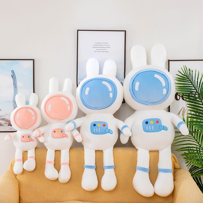 Full collection of space bunny plush toys in all sizes, pink and blue astronaut rabbit stuffed animals displayed on sofa, multiple size options for children Main image