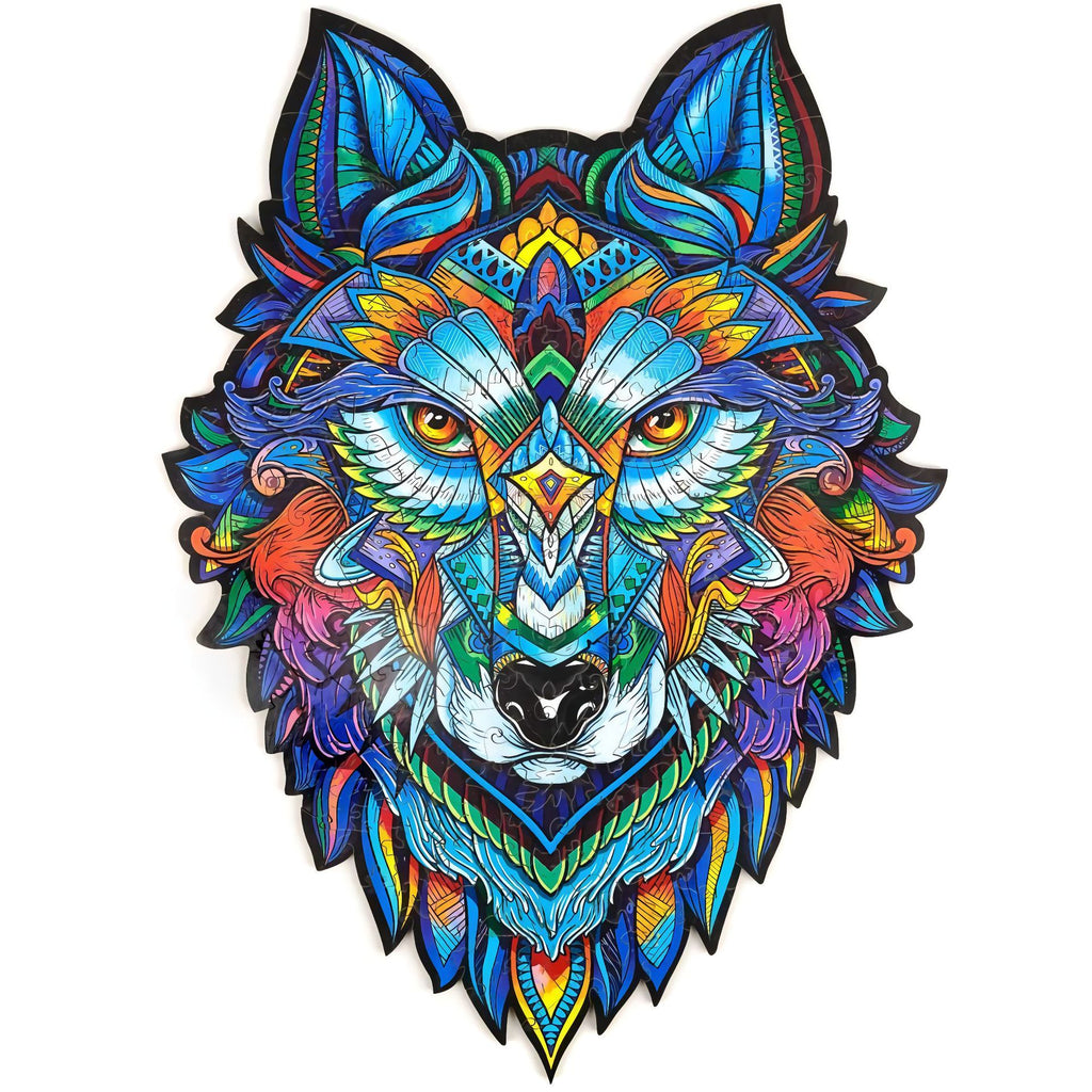 Blue wolf head wooden puzzle with colorful mandala patterns on white background.