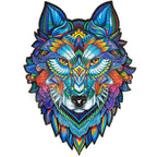 Blue wolf head wooden puzzle with colorful mandala patterns on white background.