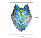 Blue wolf head wooden puzzle shown in A3 size, 297 x 420 mm.