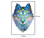 Blue wolf head wooden puzzle shown in A4 size, 210 x 297 mm.