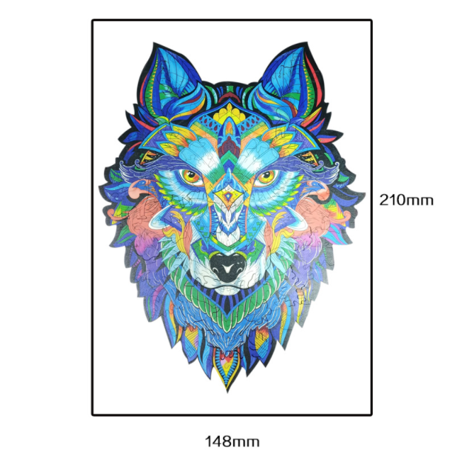 Blue wolf head wooden puzzle shown in A5 size, 148 x 210 mm.
