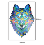 Blue wolf head wooden puzzle shown in A5 size, 148 x 210 mm.