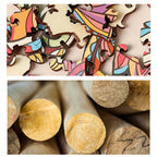 Close-up of painted wooden puzzle pieces and raw wood material used for production.