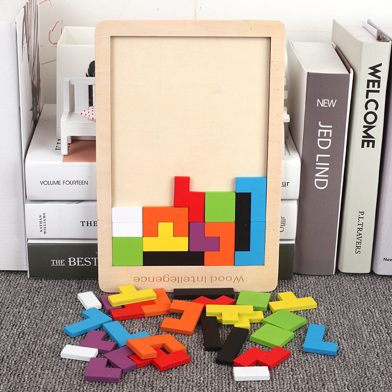 Wooden tetris puzzle board partially filled with colorful geometric blocks and loose pieces.