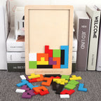 Wooden tetris puzzle board partially filled with colorful geometric blocks and loose pieces.